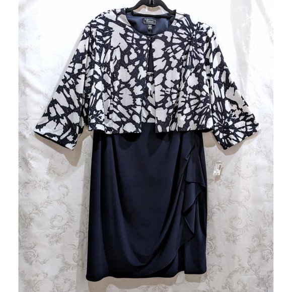 Sequin Floral Jacket Sleeveless Dress Set 24 Navy Surplice Stretch Party Prom - Picture 1 of 9